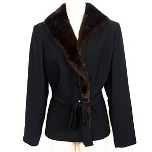 SHANI Mink Collar Jacket Blazer Style Belted Size 10 Black Brown Lined FLAWLESS